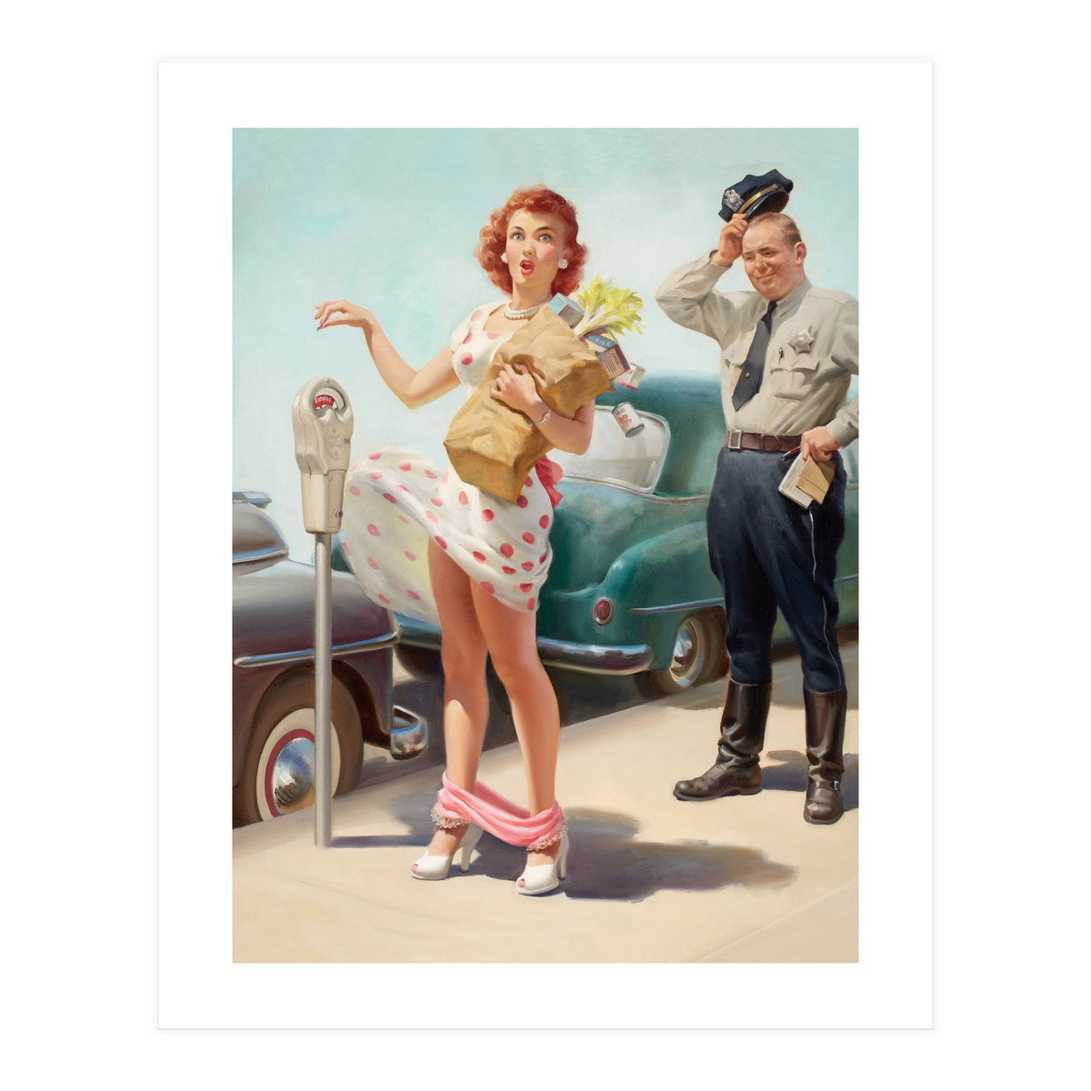 Sexy Pinup Shopping Girl And A Sudden Wind (Print Only)