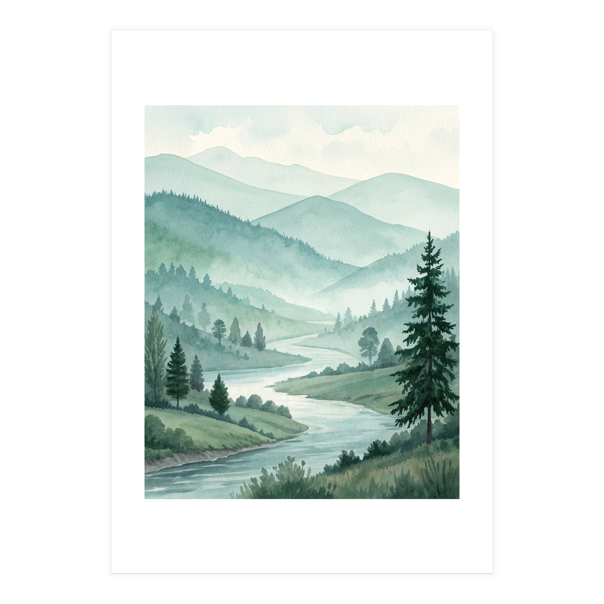 Serene Misty Mountain Valley Watercolor Painting (Print Only)