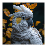 Yellow Crested Cockatoo Portrait Autumn Leaves Dark (Print Only)