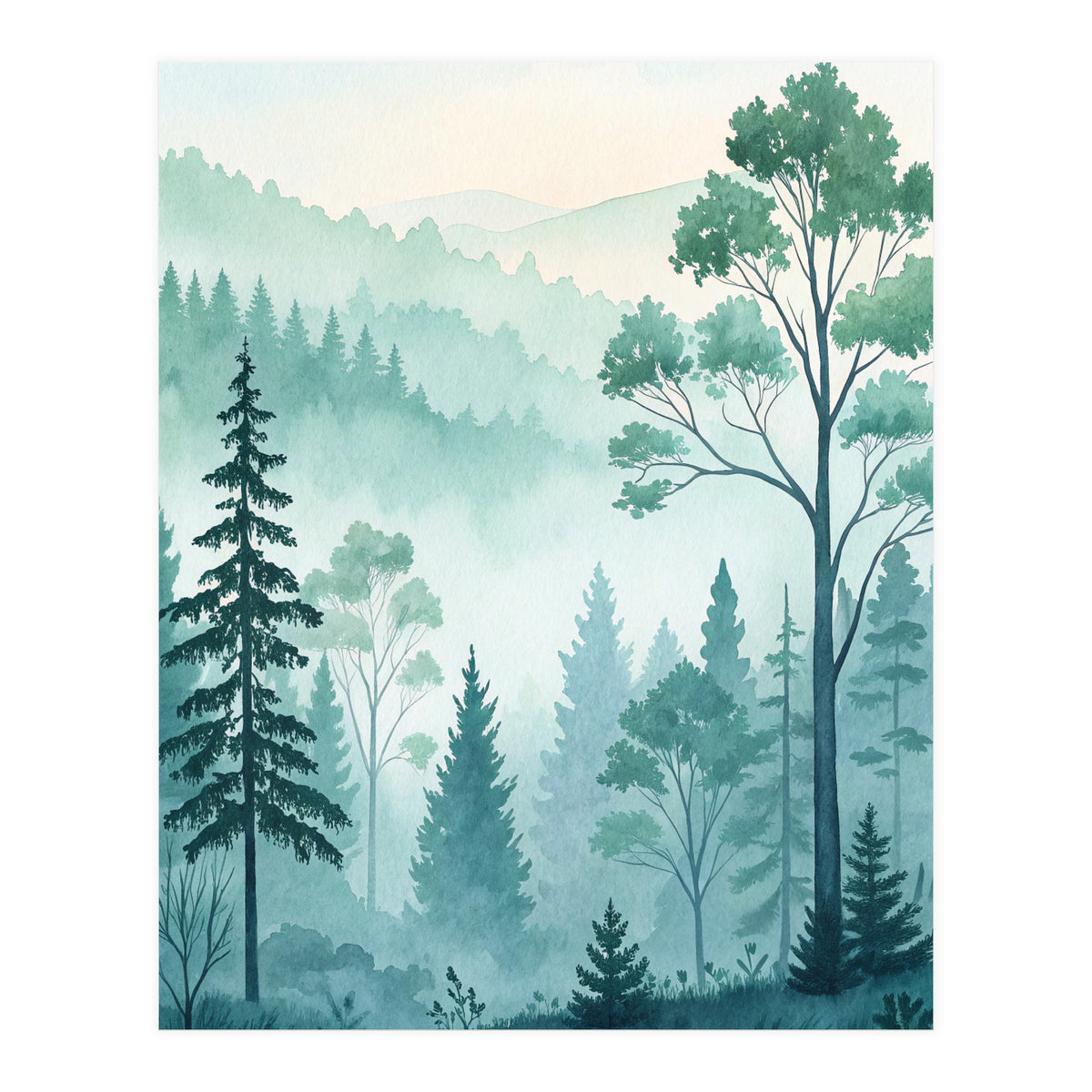 Ethereal Misty Pine Forest Watercolor Art (Print Only)