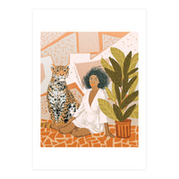 House Guest | Modern Bohemian Black Woman | Urban Jungle Decor | Wild Cat Leopard Pet | Plant Lady (Print Only)