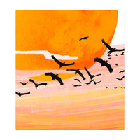 Time Flies, Birds Wildlife Fly Freedom Nature, Sun Sunset Sunrise Positivity Hope Painting, Growth Migrate Gift Animals Blush Sky Bohemian (Print Only)