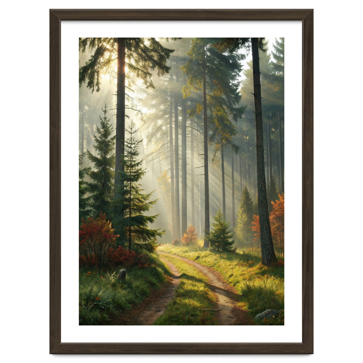 The Golden Path: Ethereal Sunbeams Piercing Through a Misty Evergreen Forest at Dawn