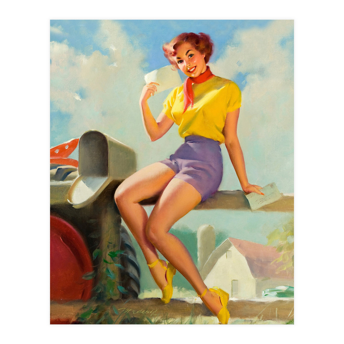 Pinup Girl On A Fence Showing A Love Letter (Print Only)