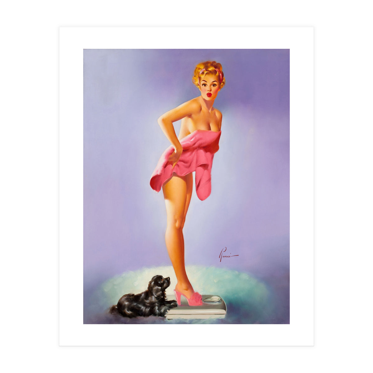 Pinup Girl On A Scale With Her Little Black Dog Behind (Print Only)