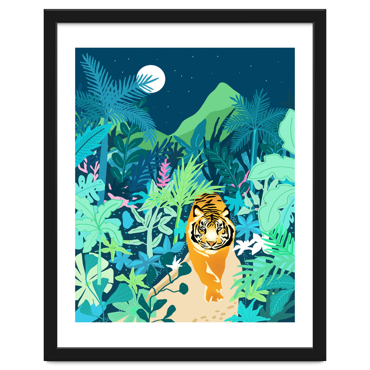 Tiger Walk, Bohemian Jungle Maximalist Nature, Botanical Forest Plants Moon Wild Animals