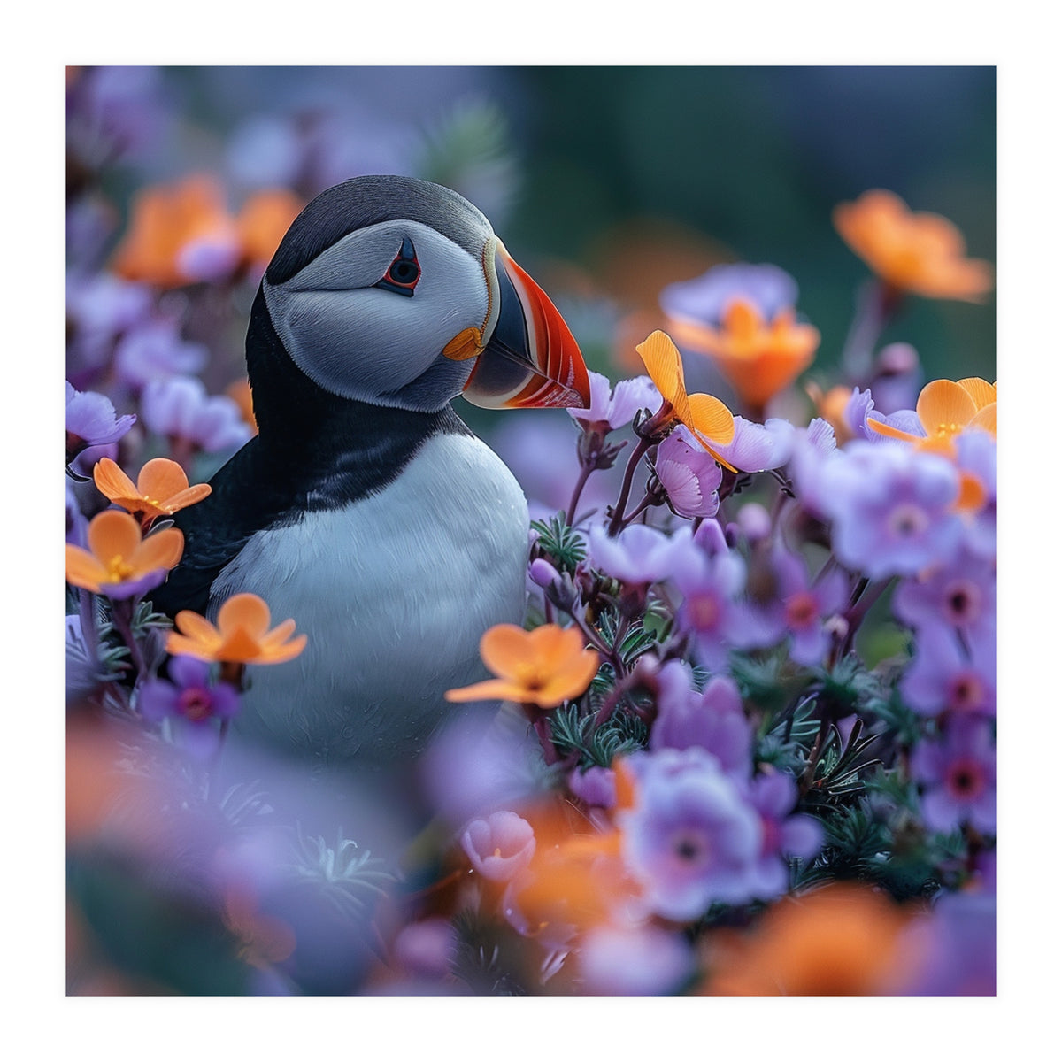 Puffin Bird Among Vibrant Purple And Orange Flowers (Print Only)