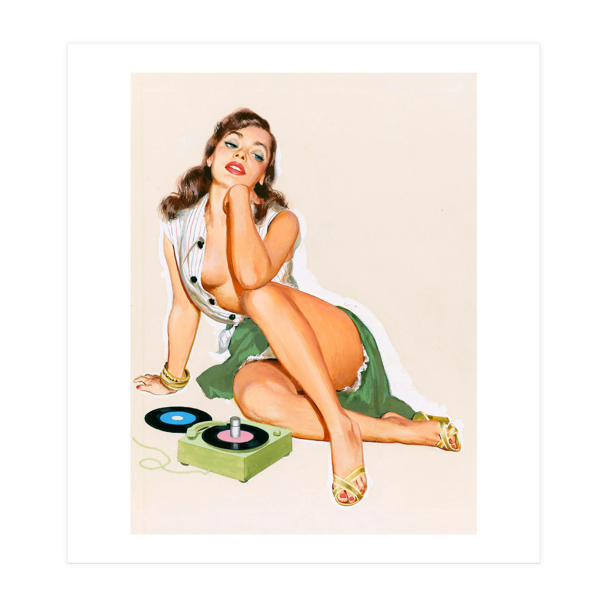 Sexy Pinup Woman Posing With Record Player (Print Only)
