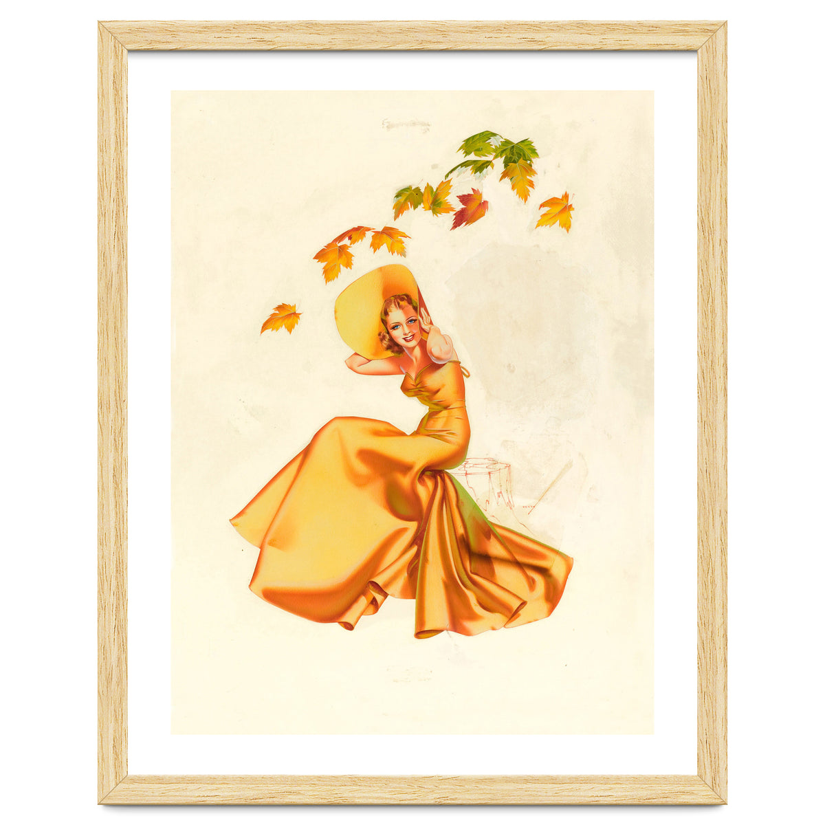 Woman Posing In Yellow Dress And Autumn Leafs