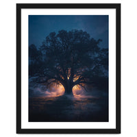 Ancient Mystical Oak Silhouette at Twilight with Ethereal Wisps