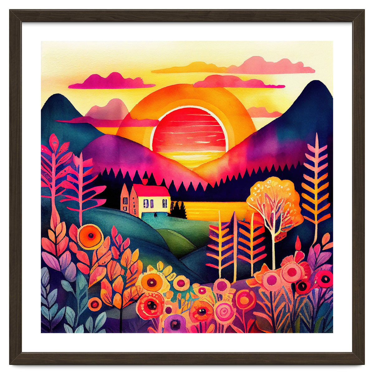 Folk Sunset Over Mountain Lake