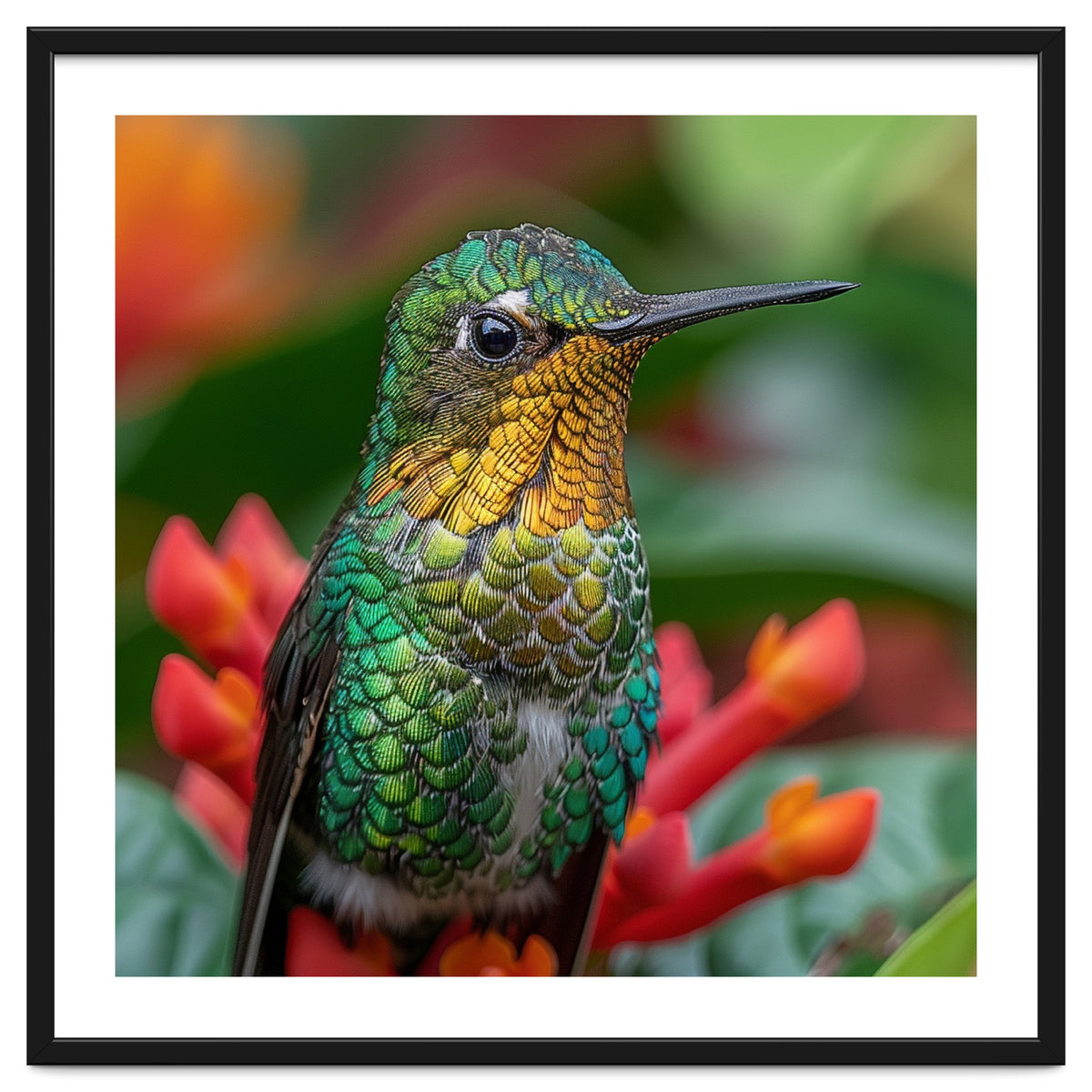 Close Up Of A Hummingbird On Red Flowers
