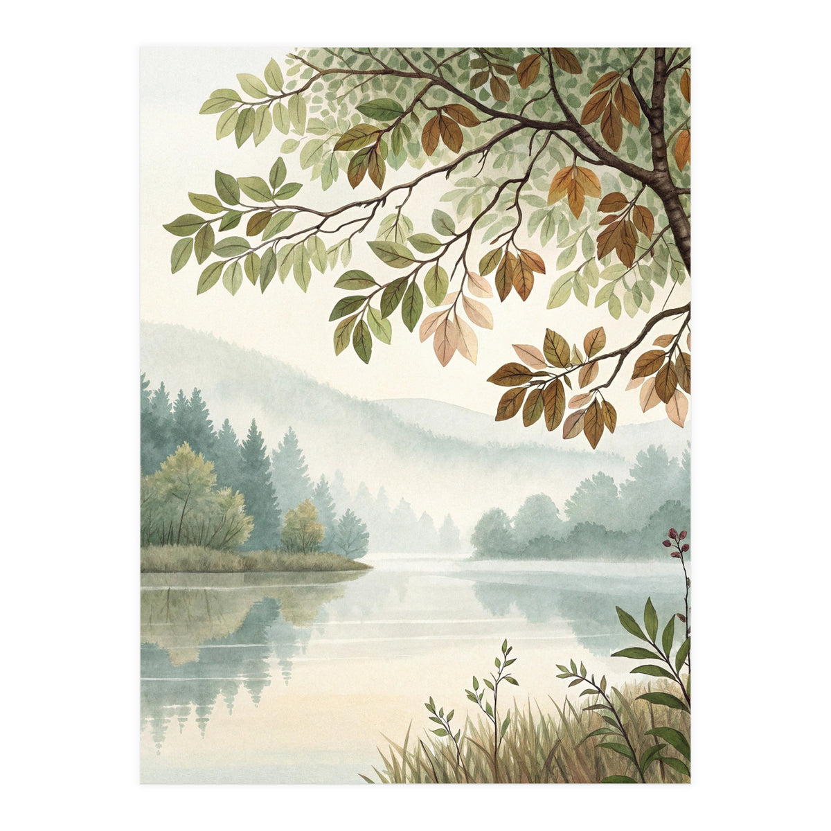 Tranquil Lakeside Forest Watercolor Painting with Overhanging Autumn Branches and Misty Mountain Reflection (Print Only)