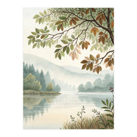 Tranquil Lakeside Forest Watercolor Painting with Overhanging Autumn Branches and Misty Mountain Reflection (Print Only)