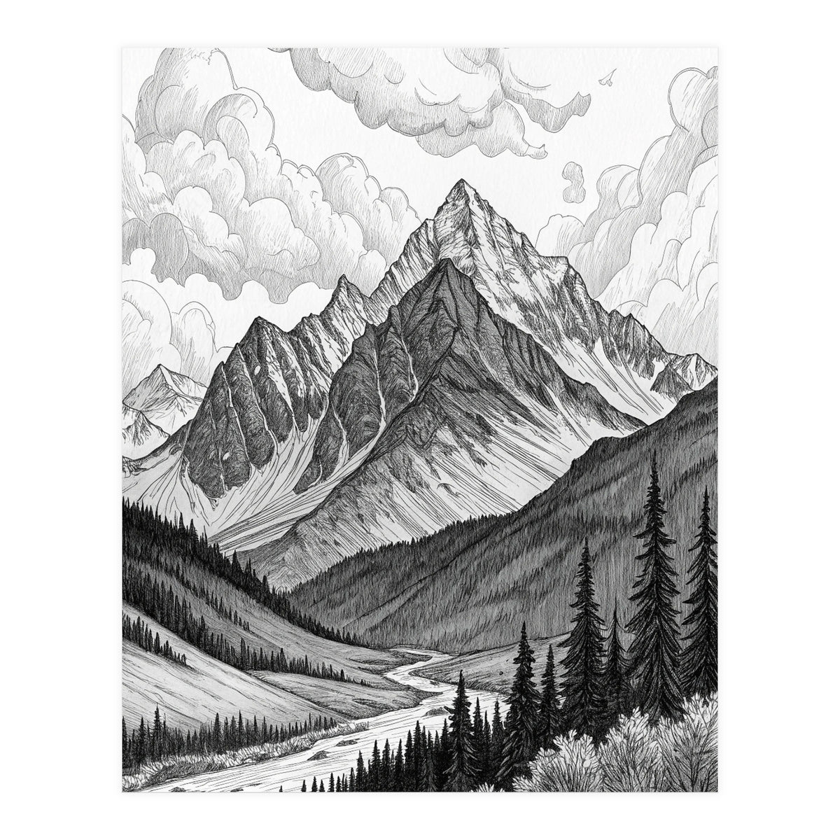 Majestic Alpine Mountain Range Sketch (Print Only)