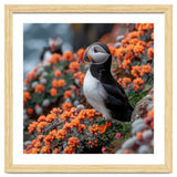 Atlantic Puffin Bird Perched On Orange Flowers thumbnail