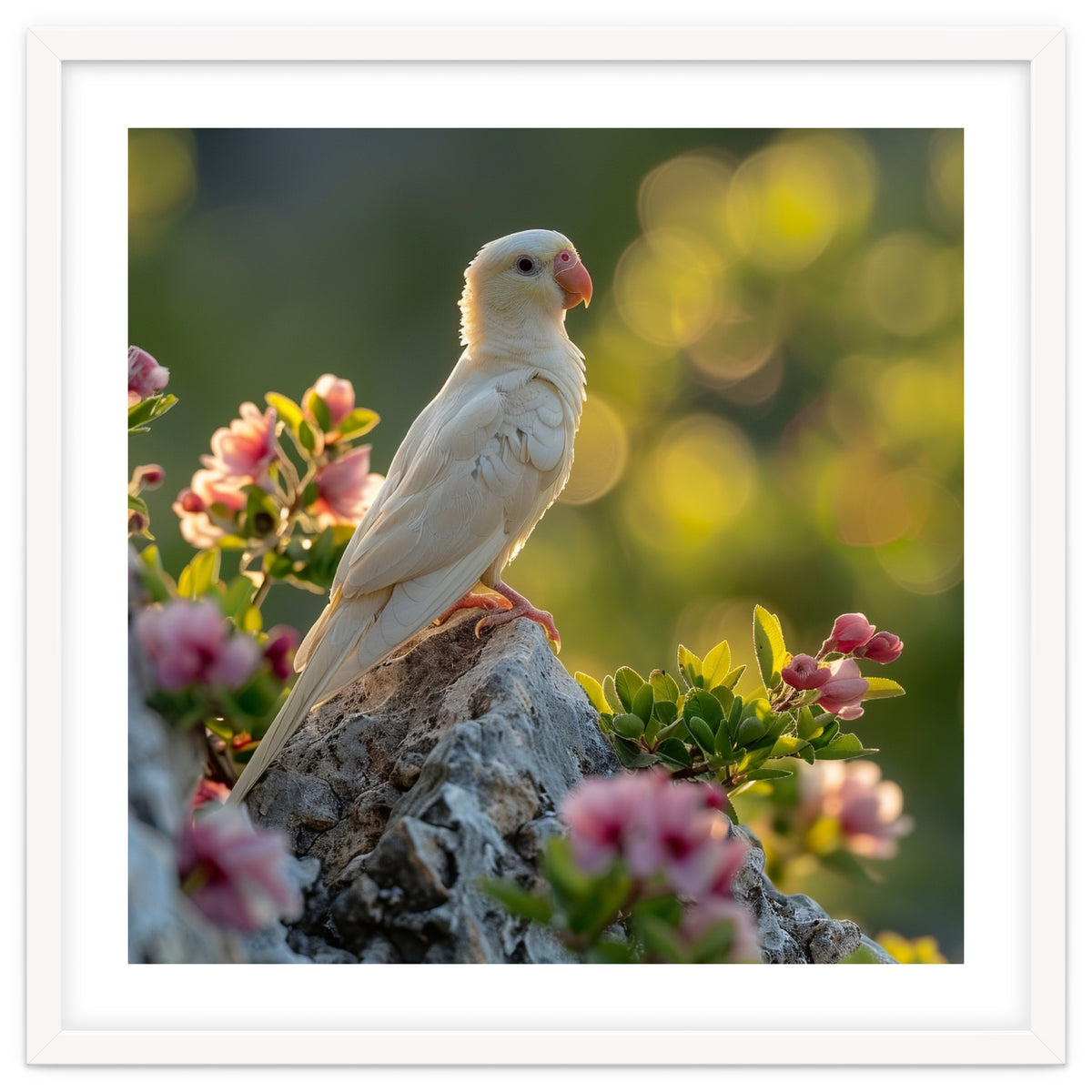 Albino Parrot Perched On A Rock Amongst Flowers
