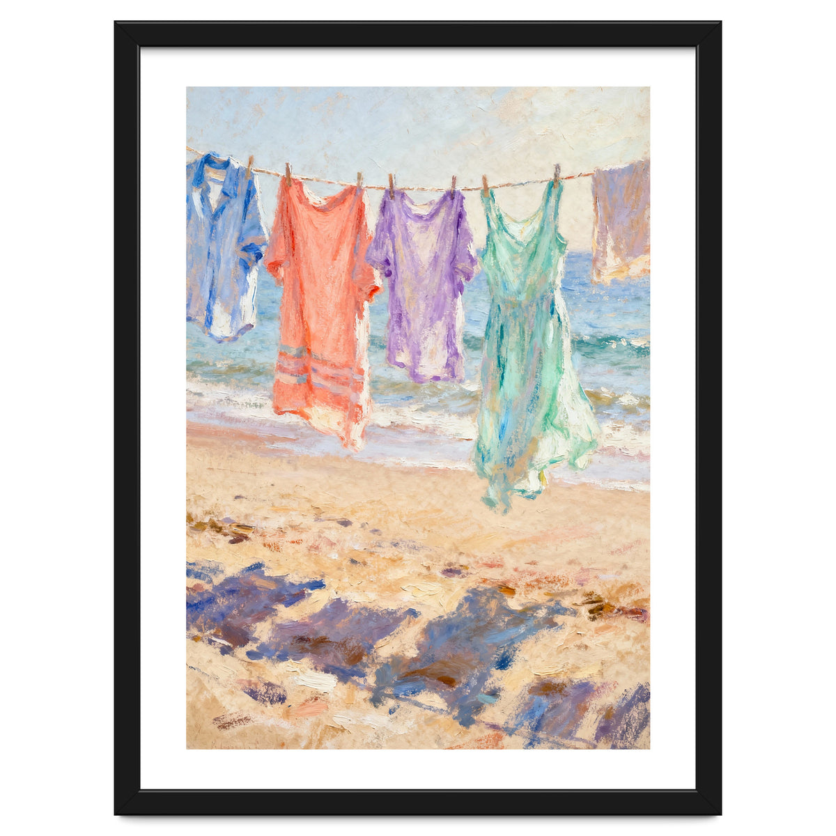 Laundry Drying by the Sea, Colorful Clothes on a Beach Clothesline, Coastal Summer Pastel Painting, Relaxing Ocean Shore Art Print