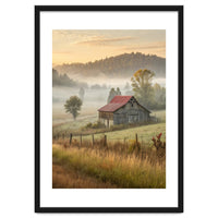 Rustic Red Roof Barn in Misty Morning Valley Landscape