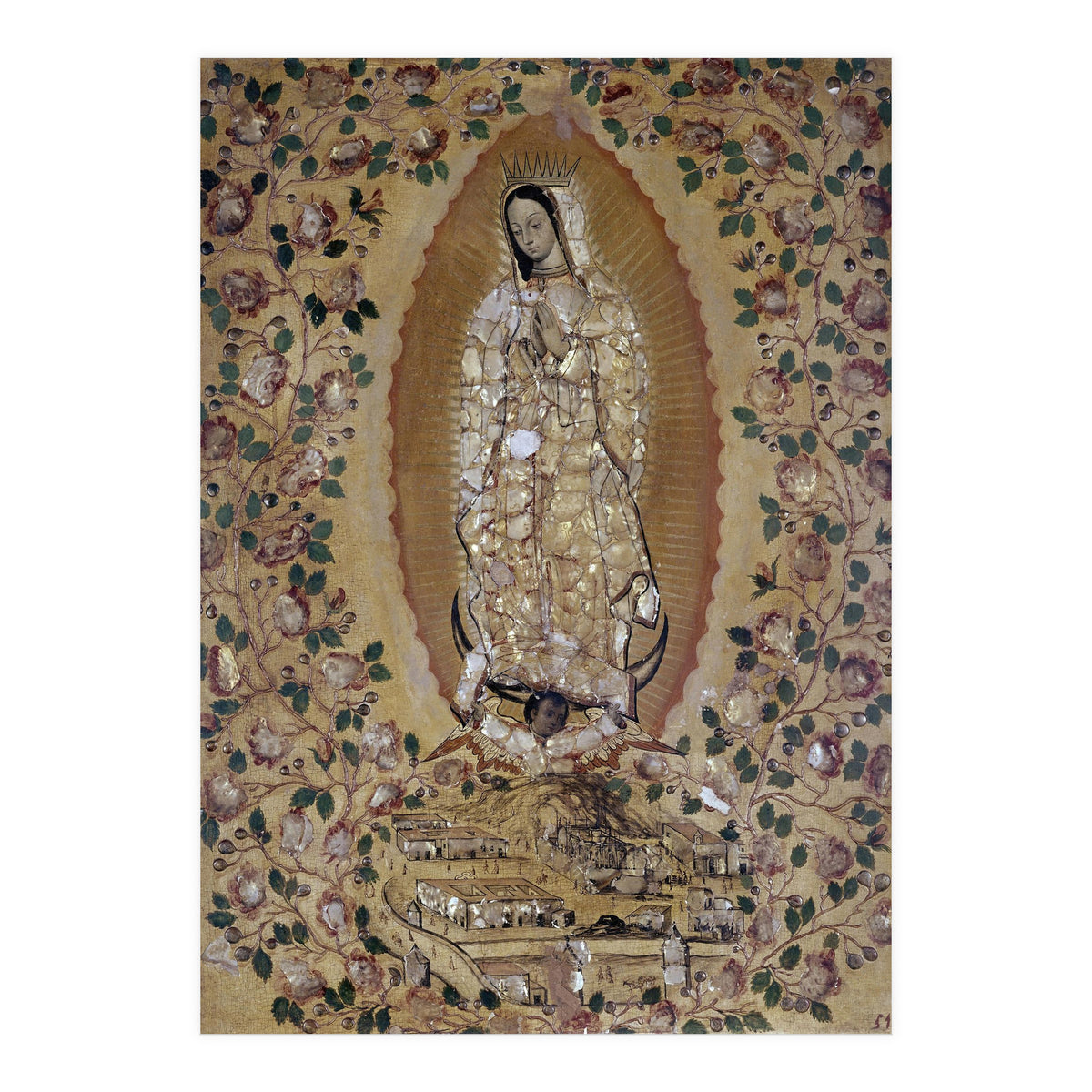VIRGIN DE GUADALUPE - 1697 - ENCONCHADO PAINTING. JUAN y MIGUEL GONZALEZ PINTORES siglo XVII. (Print Only)