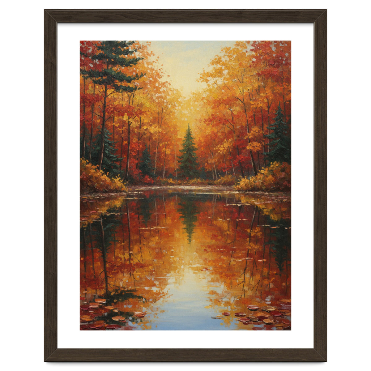 Golden Autumn Reflection: Impasto Forest Landscape