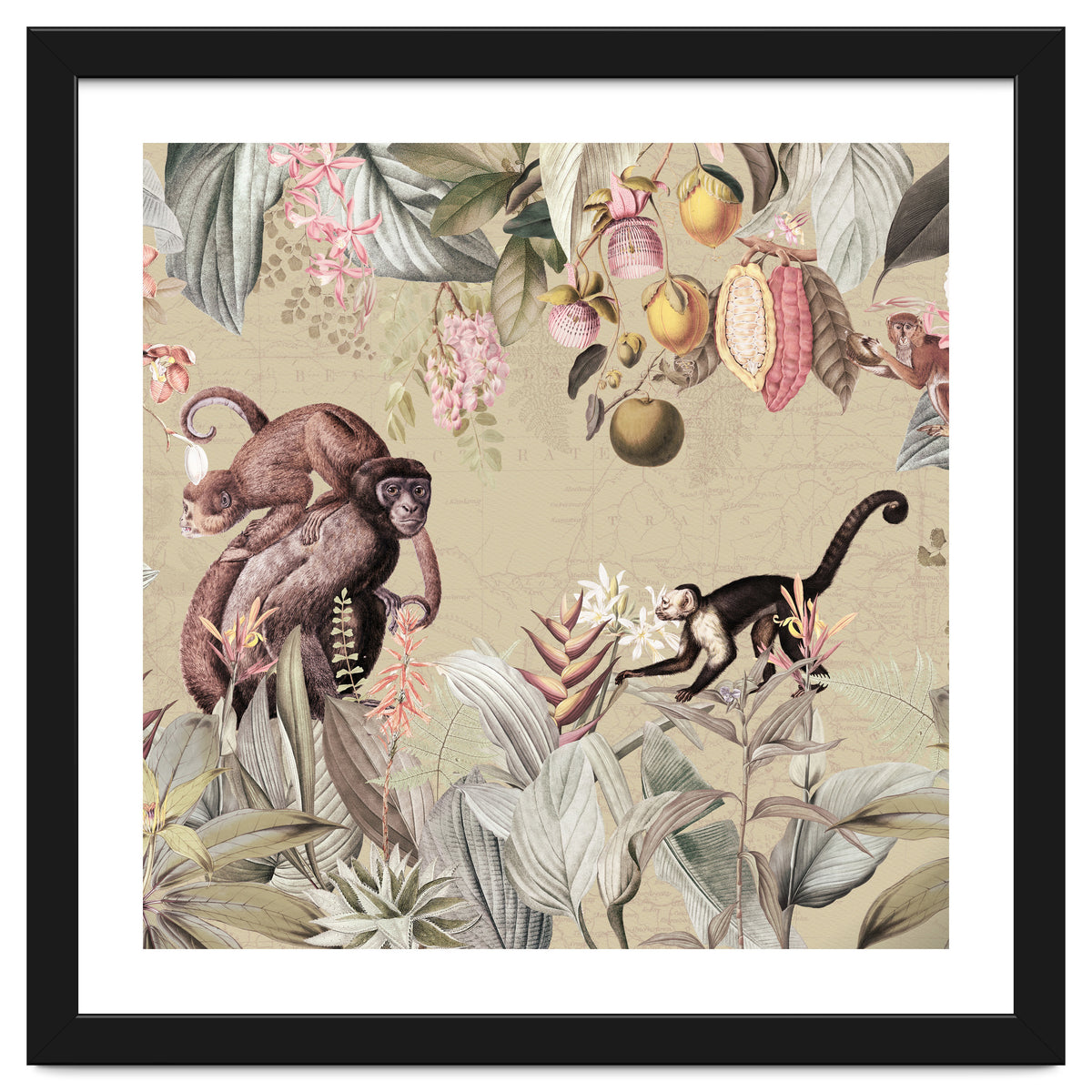 Vintage Exotic Monkeys In African Jungle Landscape