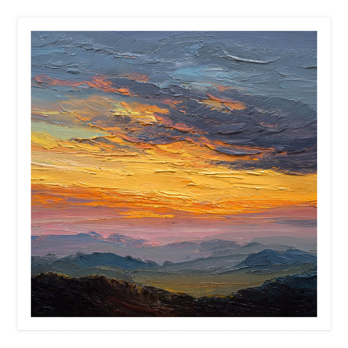 Vibrant Golden Hour Horizon Over Distant Mountain Ridges (Print Only)