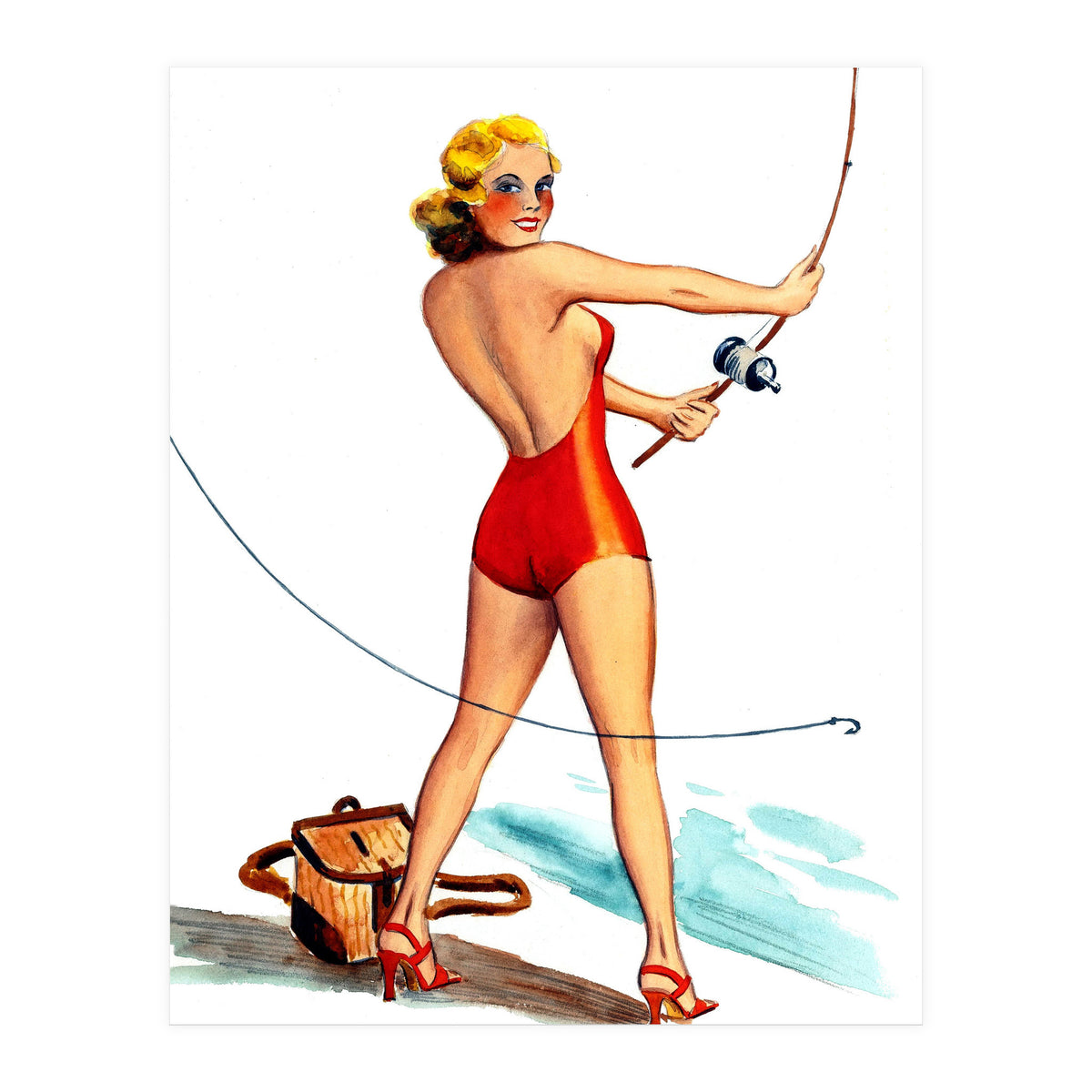 Pinup Girl Fishing On The Coast (Print Only)