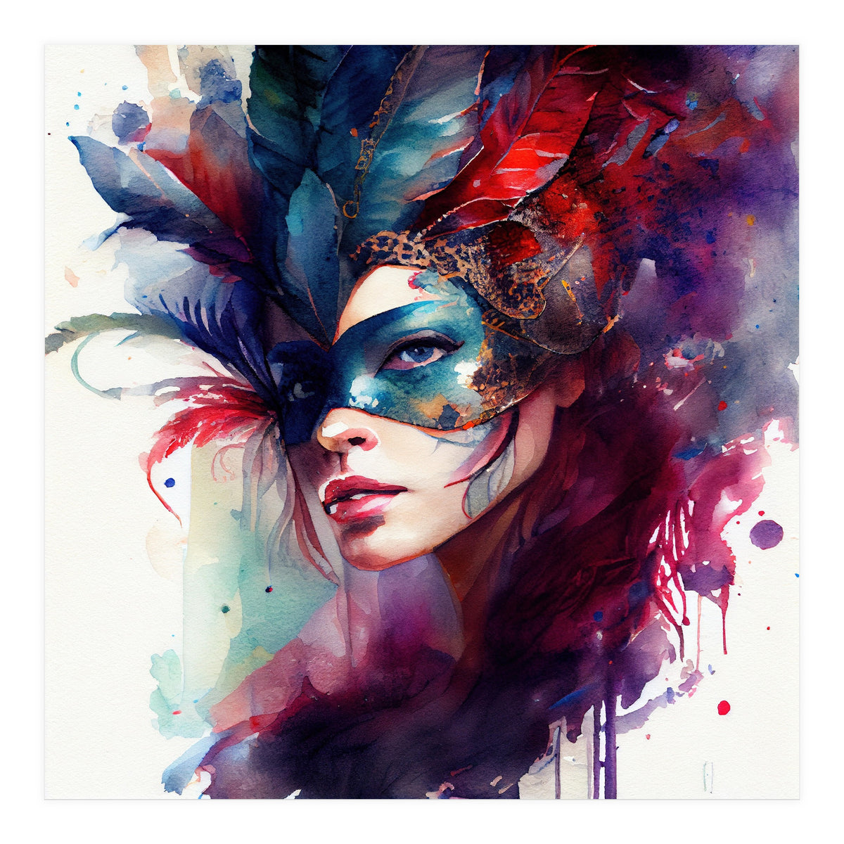 Turquoise Feathered Carnival Mask Portrait (Print Only)