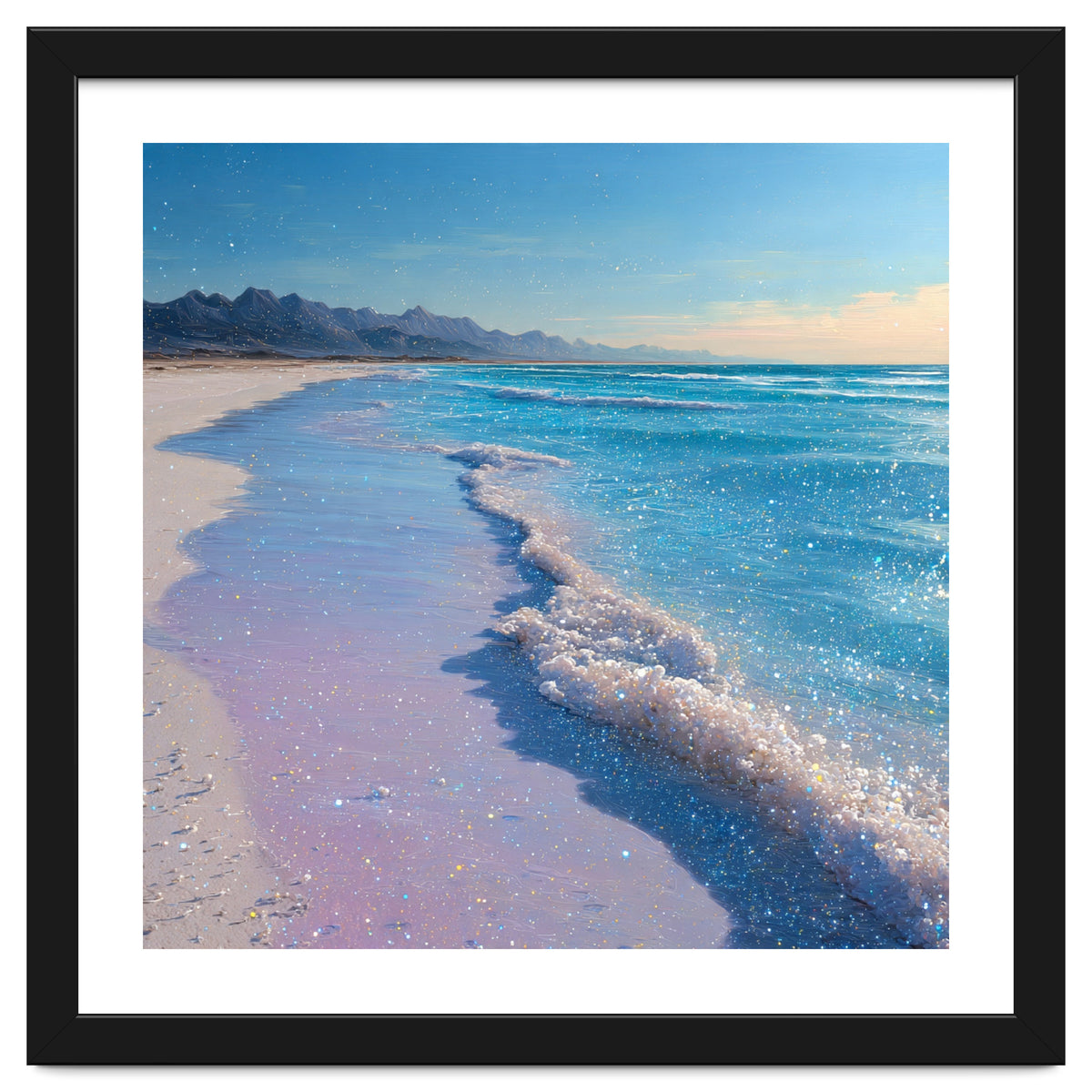 Sparkling Pastel Shoreline with Glittering Turquoise Waves