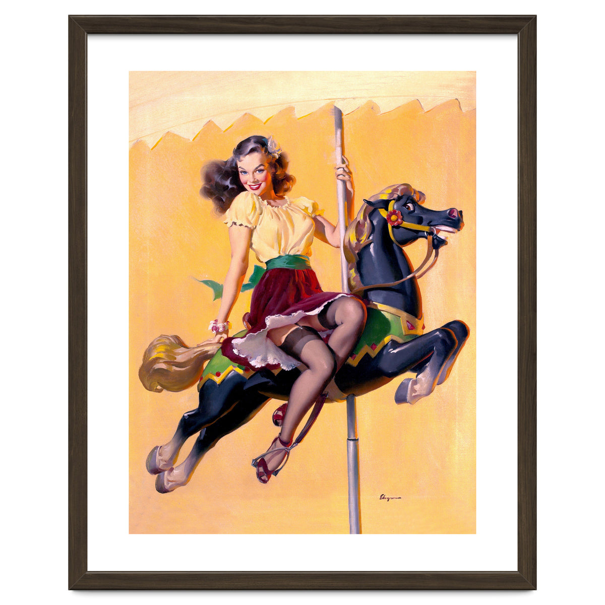 Pinup Sexy Girl Riding A Wooden Horse