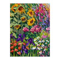Vibrant Summer Sunflower and Iris Meadow Oil Painting (Print Only)