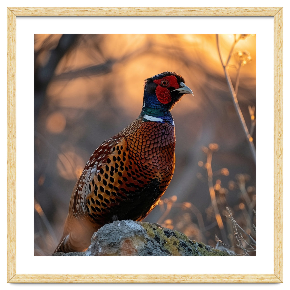 Pheasant Bird Standing On Rock Sunrise Light