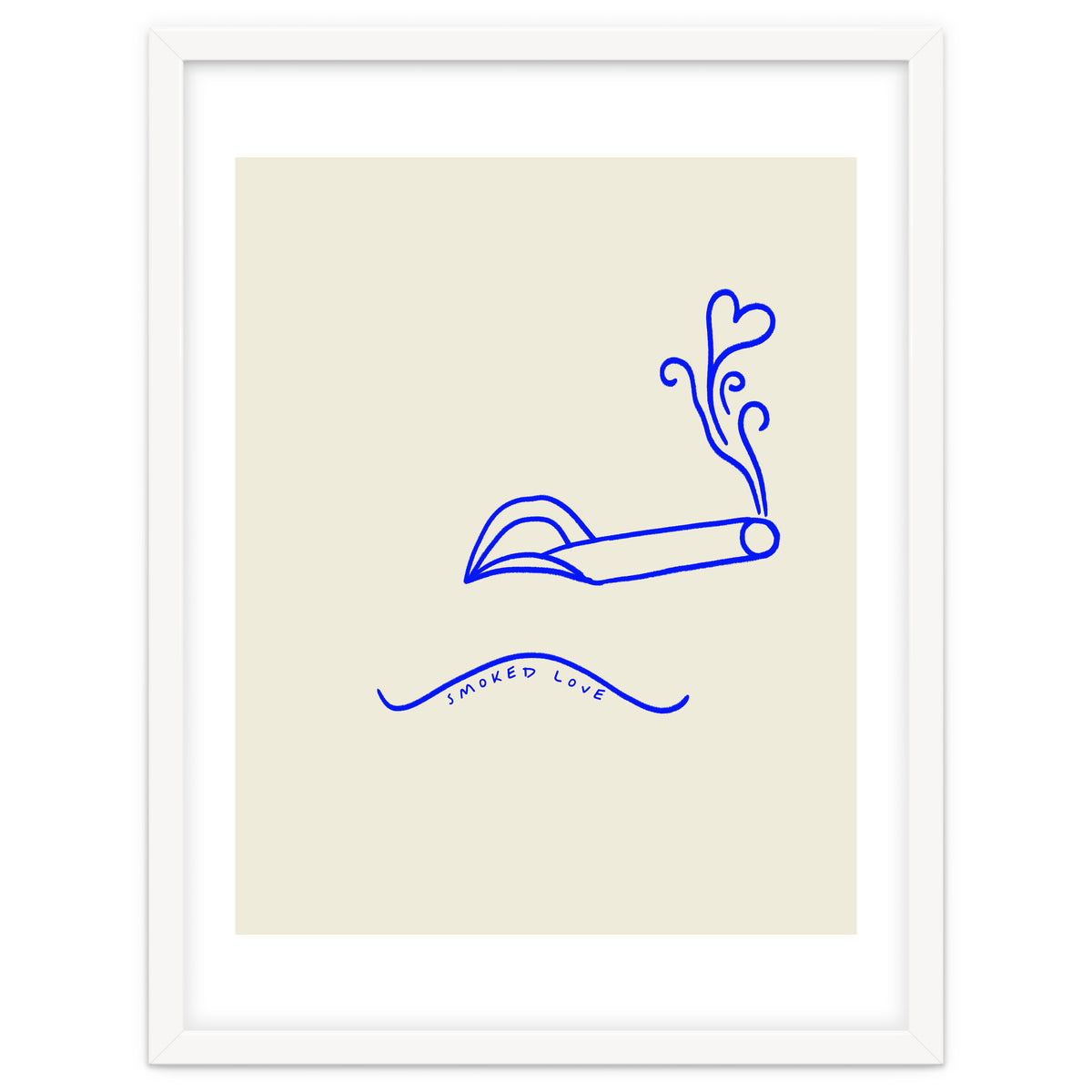 Smoked Love, Line Art Drawing Sketch, Minimalism Doodle Woman Cigarette Cigar Smoke, Eclectic Bohemian Framed