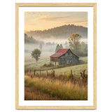 Rustic Red Roof Barn in Misty Morning Valley Landscape thumbnail