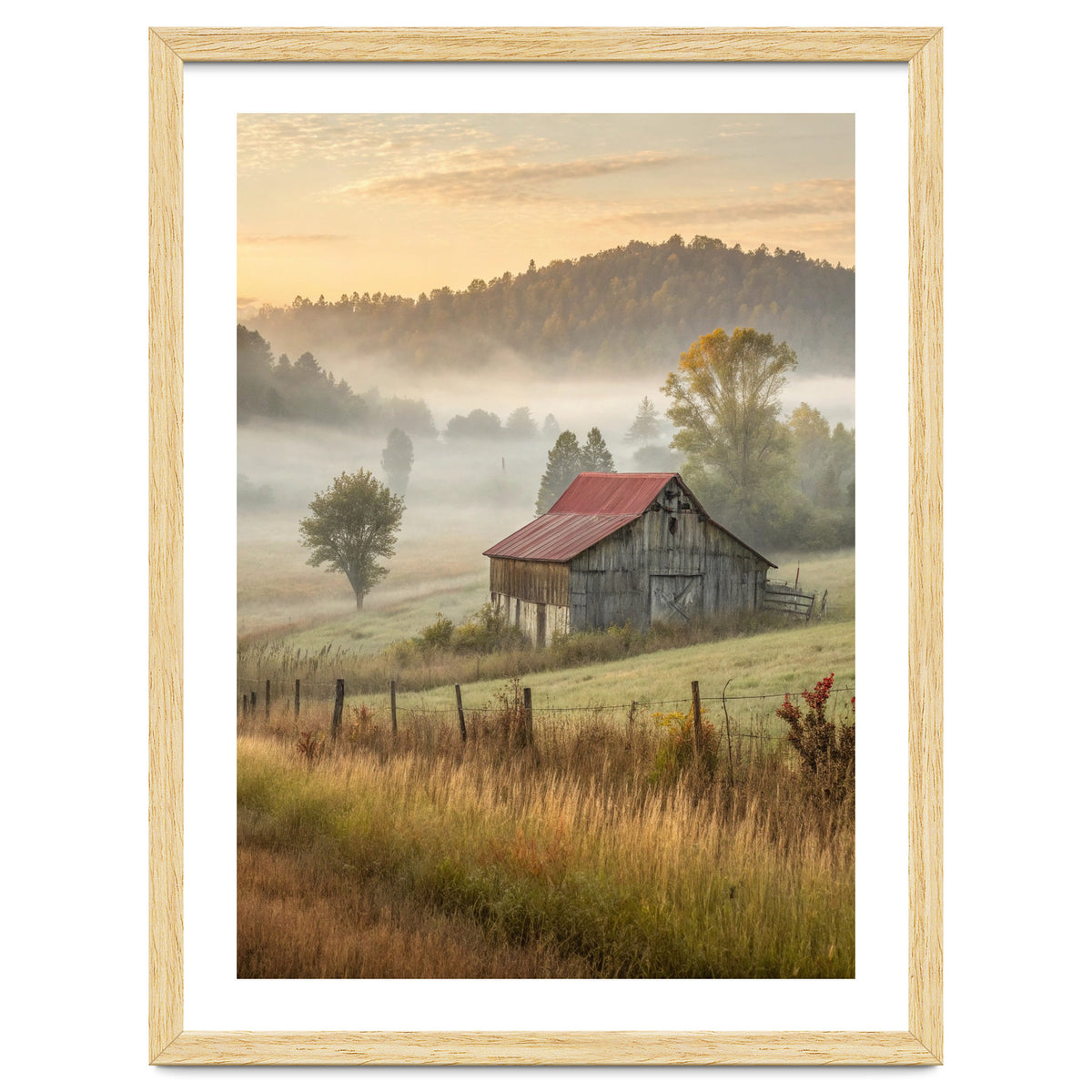 Rustic Red Roof Barn in Misty Morning Valley Landscape