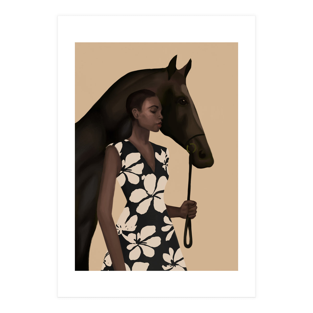 Woman In Bold Print With Black Horse (Print Only)