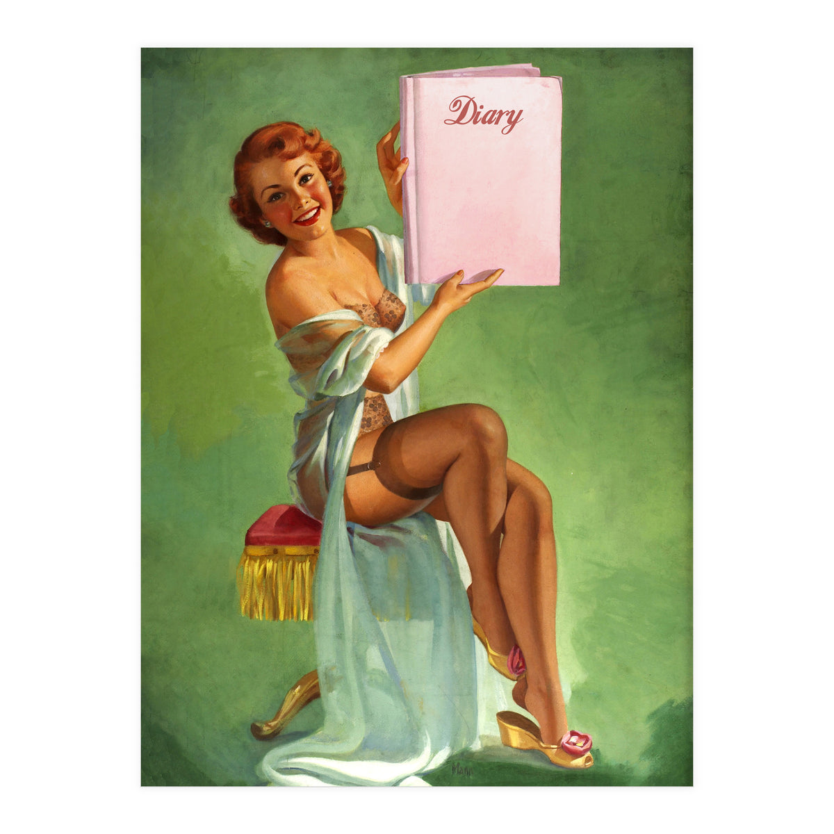 Pinup Girl Posing With Her Big Diary Book (Print Only)