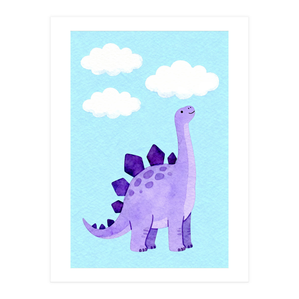Purple Stegosaurus Watercolor Art, Cute Dinosaur Nursery Print, Dino and Clouds Illustration (Print Only)
