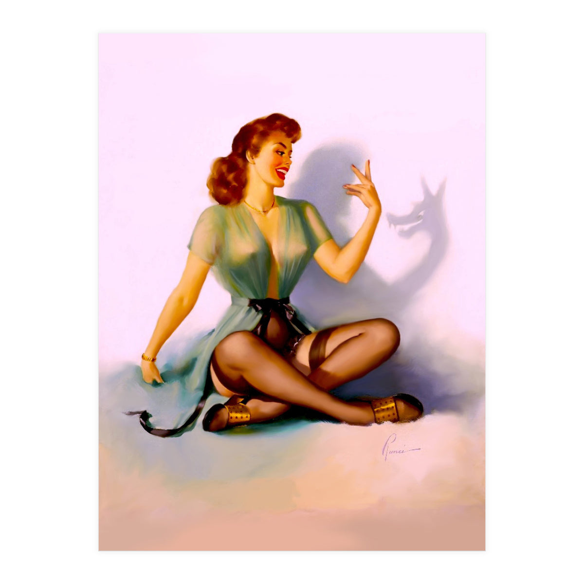 Sexy Pinup Making A Big Bad Wolf Shadow On The Wall (Print Only)