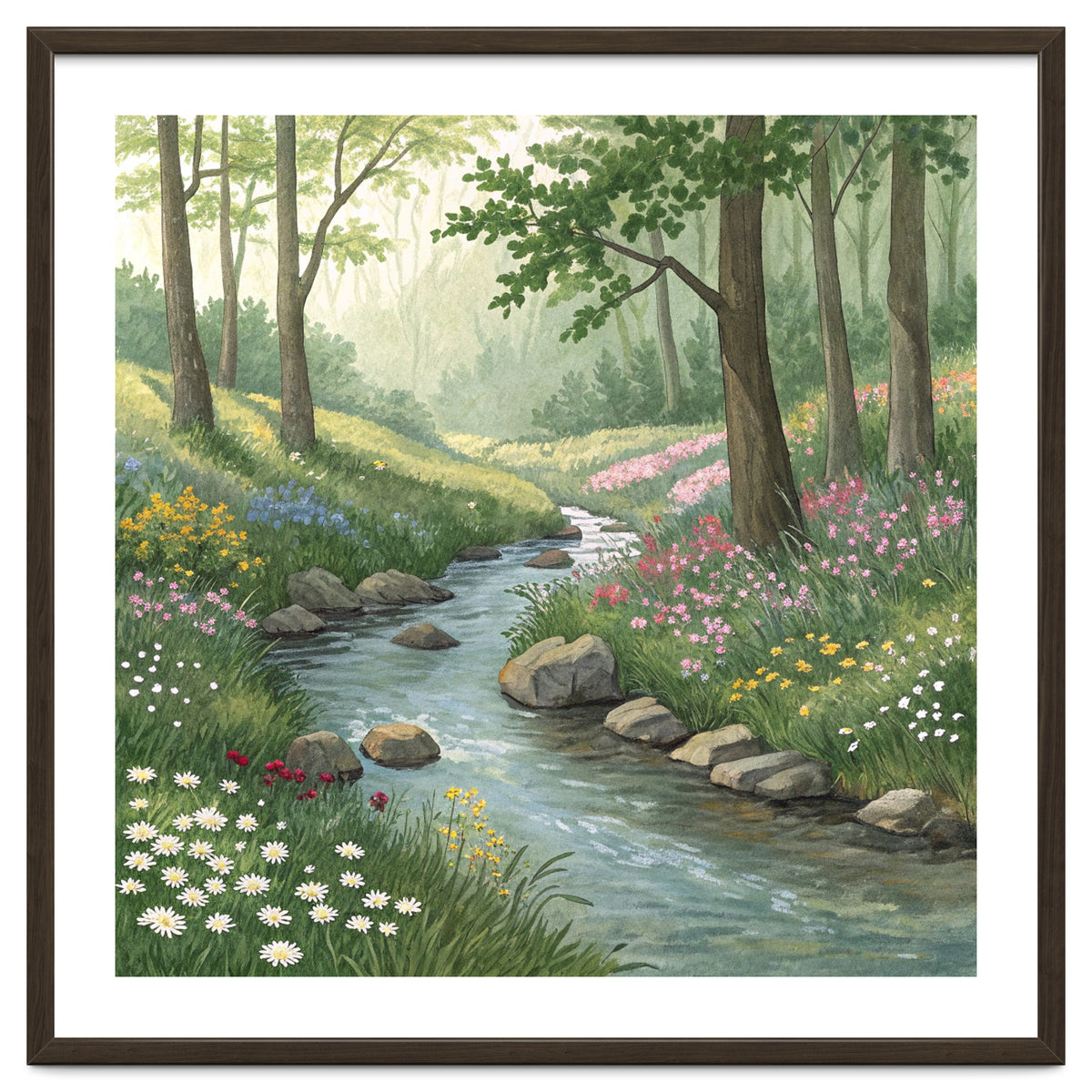 Vibrant Forest Stream Watercolor Painting