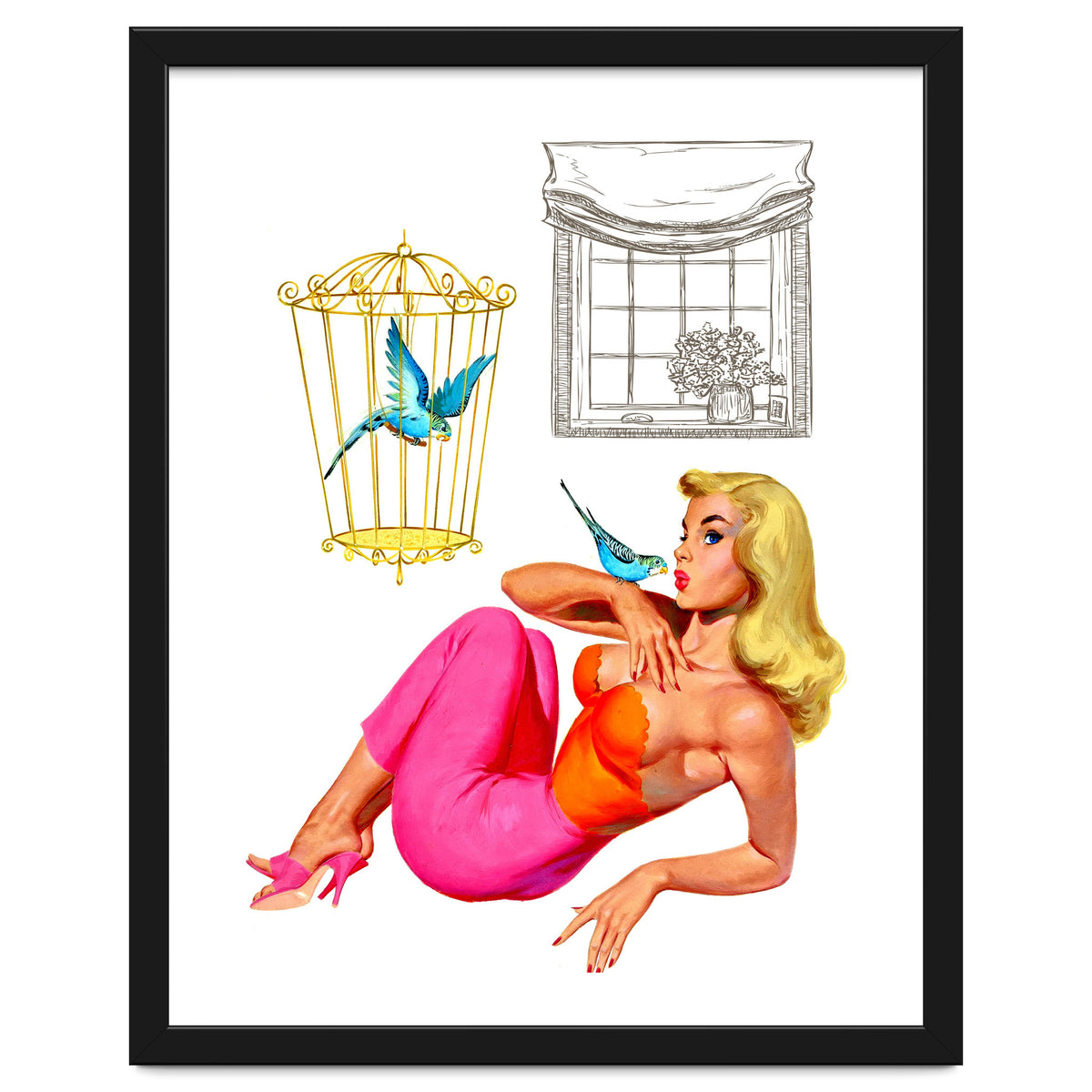 Pinup Girl With Two Birds
