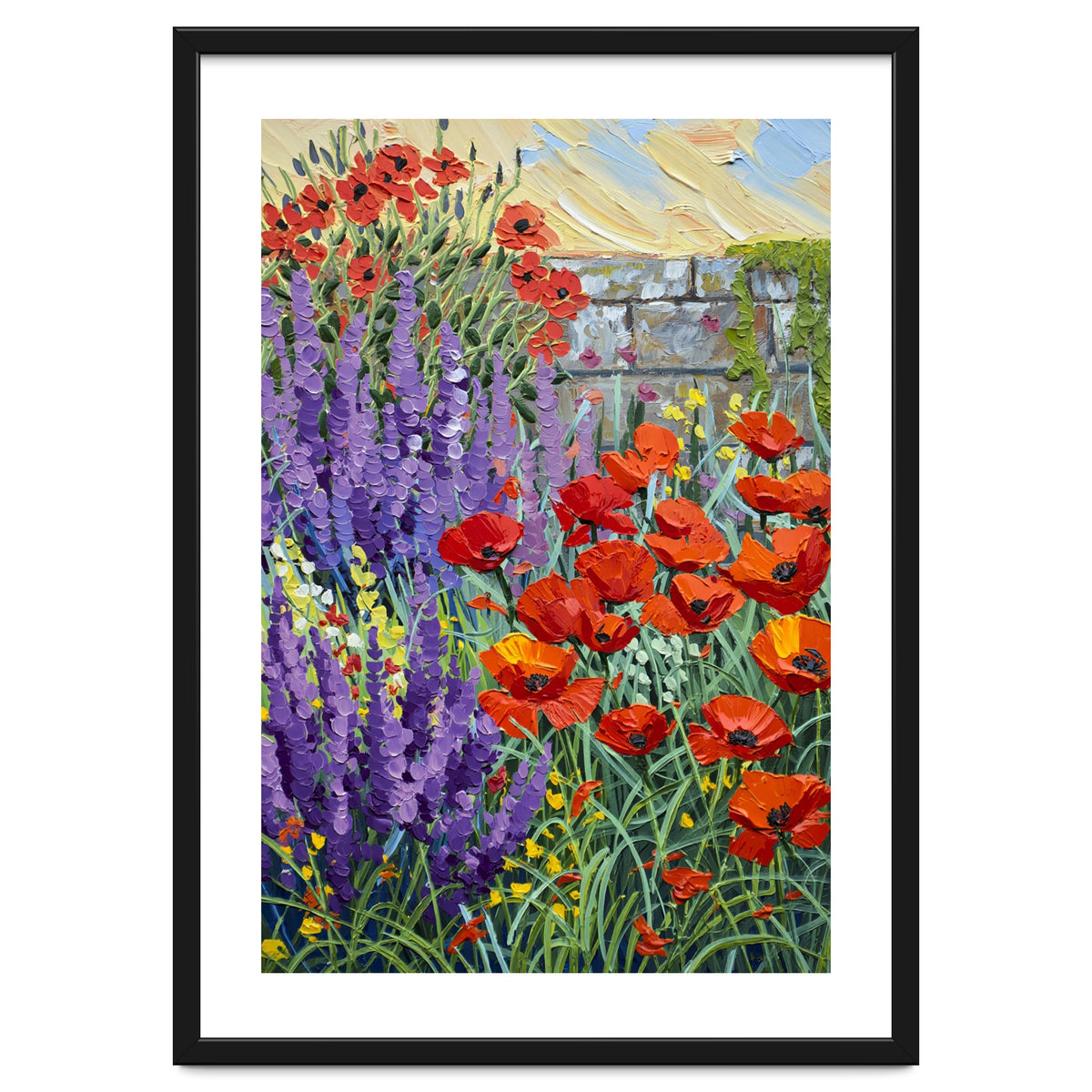 Vibrant Summer Poppy and Lavender Garden Oil Painting