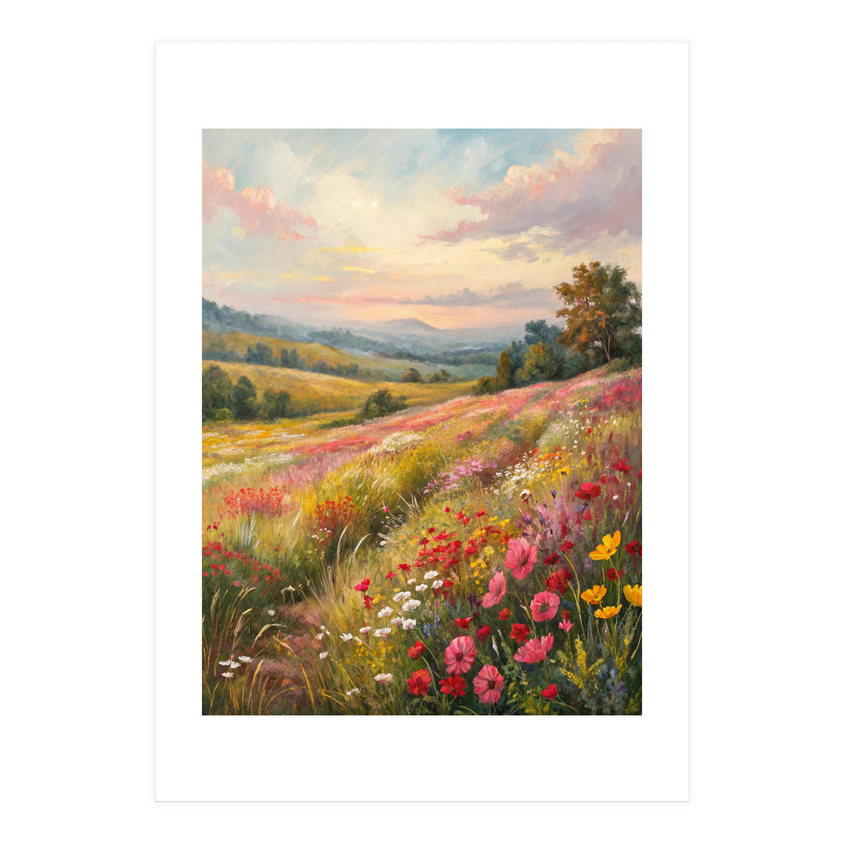Serene Wildflower Meadow at Sunset Oil Painting (Print Only)