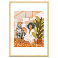 House Guest | Modern Bohemian Black Woman | Urban Jungle Decor | Wild Cat Leopard Pet | Plant Lady