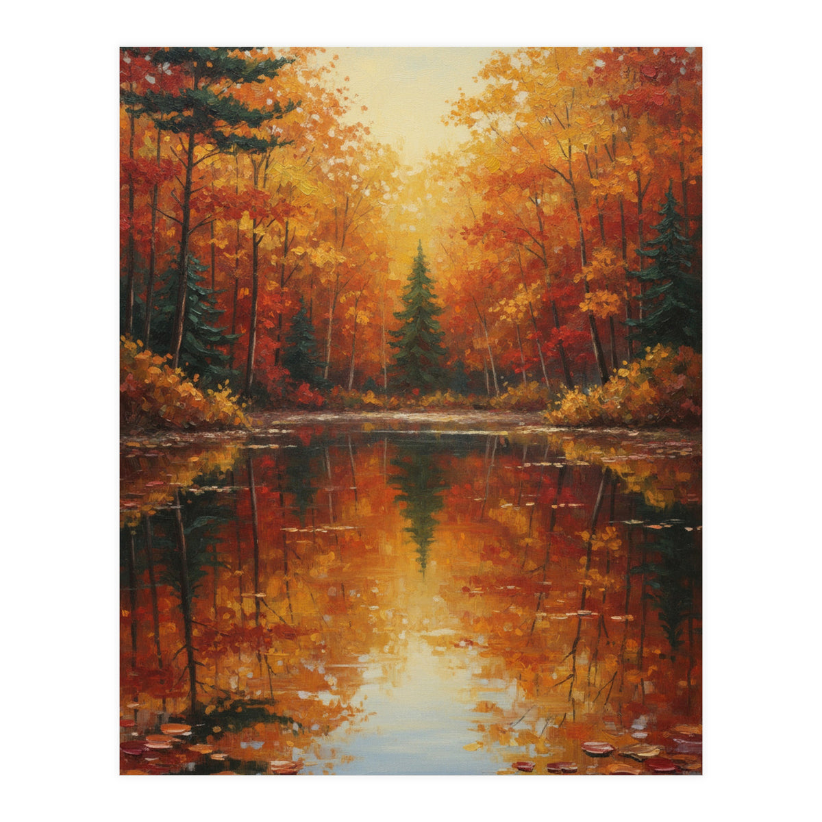 Golden Autumn Reflection: Impasto Forest Landscape (Print Only)