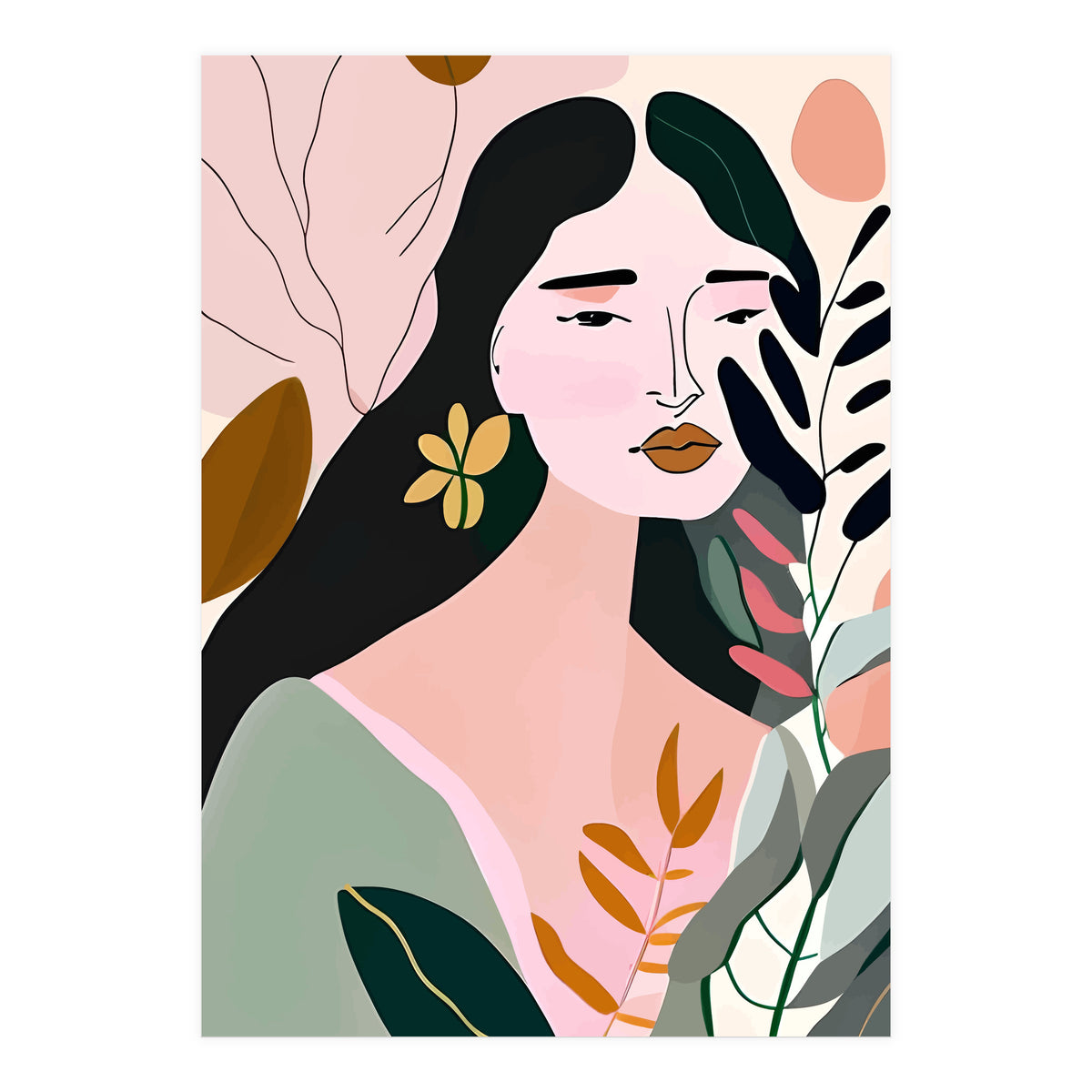 Reinvent, Beautiful Woman Girl Pastel Line Art, Minimal Botanical Nature Portrait, Modern Bohemian Drawing Nomadic Summer Self Love (Print Only)