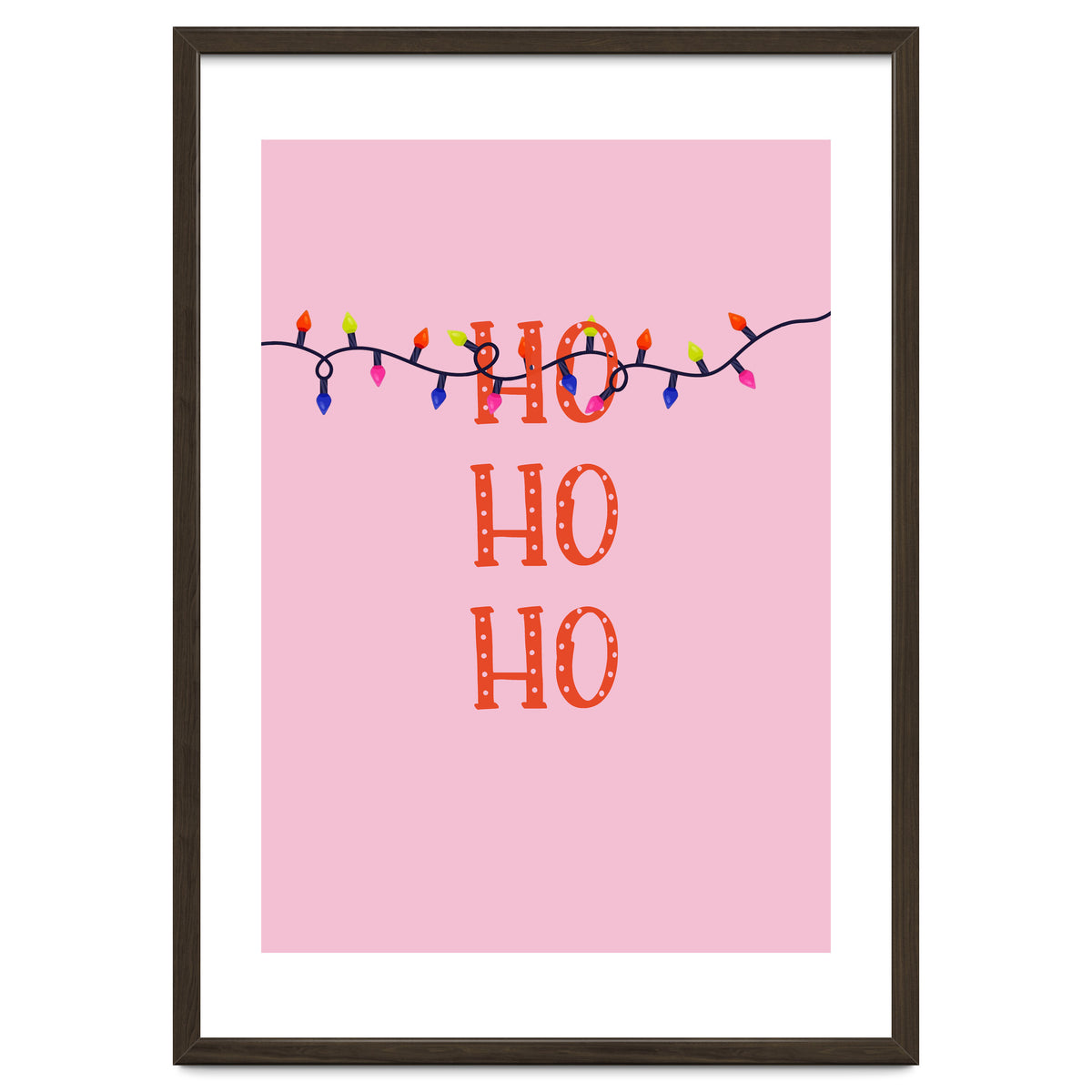 HO HO HO Christmas Lights Art, Pink Holiday Illustration, Modern Festive Quote
