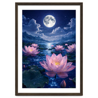 Moonlit Lotus Pond: Serene Nighttime Floral Landscape
