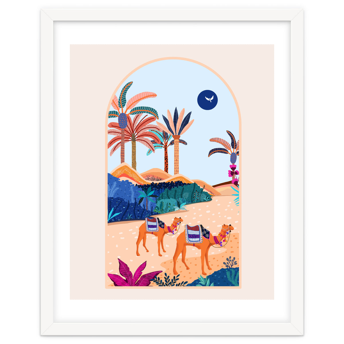 The Arabian Desert, Nature Landscape Travel Illustration, Camels Eclectic Sand Dunes Dubai Palm, Sahara Middle East Hot Summer Animals Bohemian